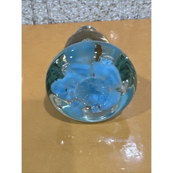 Joe St Clair Bell Paperweight Blue Flowers Art Glass Controlled Bubbles - Picture 4 of 7